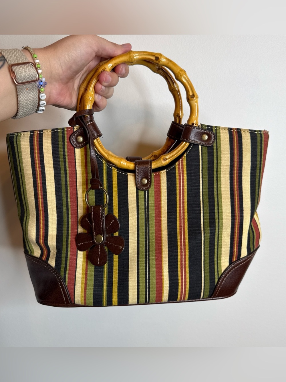 Relic Striped Canvas Tote with Bamboo Handles - Brown/Green/Red/Black